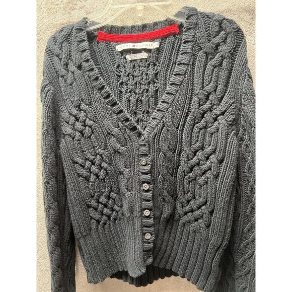 VTG Tommy Hilfiger Sweater Women’s L Navy Blue  Cable Knit Cropped Cardigan Y2K - Picture 1 of 6